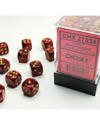 Chessex Dice: Vortex 12mm D6 (36) - Burgundy/Gold 