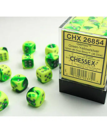 Chessex Dice: Gemini 12mm D6 (36) - Green-Yellow/Silver 