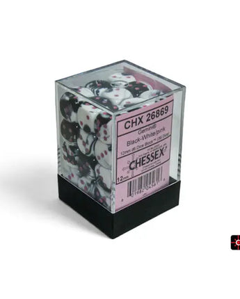 Chessex Dice: Gemini 12mm D6 (36) - Black-White/Pink 