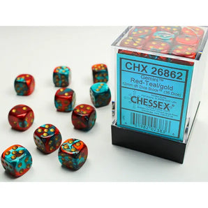 Chessex Dice: Gemini 12mm D6 (36) - Red-Teal/Gold 
