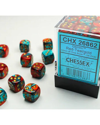 Chessex Dice: Gemini 12mm D6 (36) - Red-Teal/Gold 