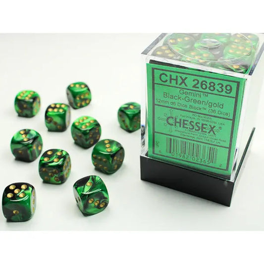Chessex Dice: Gemini 12mm D6 (36) - Gemini: Black-Green/Gold 