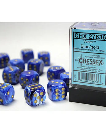 Chessex Dice: Vortex 16mm D6 (12) - Blue/Gold 