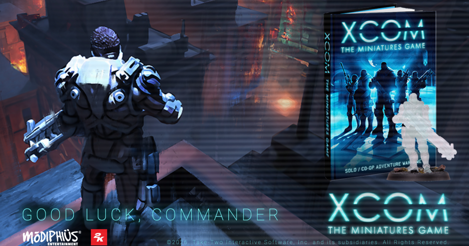XCOM: The Miniatures Game board game box shown alongside a small white sci-fi soldier miniature, with a stylized soldier figure and game title text on a dark sci-fi background. Visible brands include Modiphius and Red Hook.